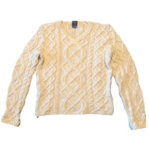 Paul James 100% Wool Made in England Cream‎ V Neck Cable Knit Fisherman Sweater